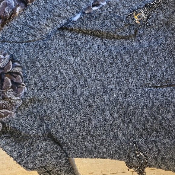 RARE Gray Metallic Accent Cardigan Sweater with Feather Accent Trim - Picture 16 of 16